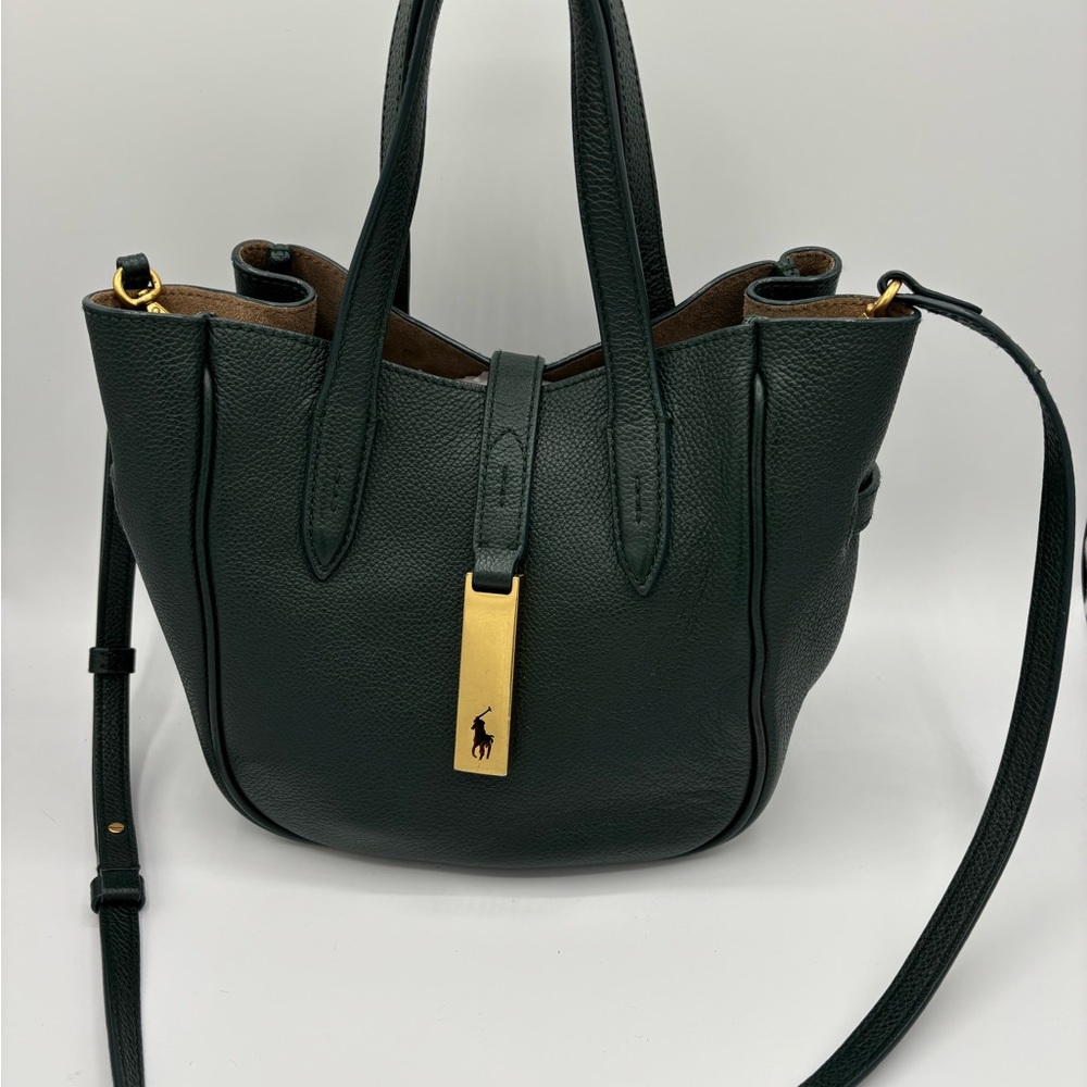 Ralph Lauren Dark Green ID small leather tote/crossbody Bag with Gold Accents